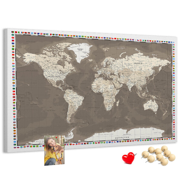 Tableau de liège Carte du monde avec les drapeaux des pays