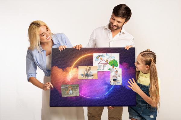 Tableau en liège Des nuages colorés avec un cercle néon