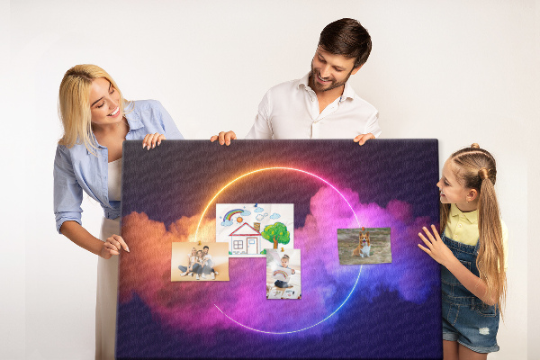 Tableau en liège Des nuages colorés avec un cercle néon
