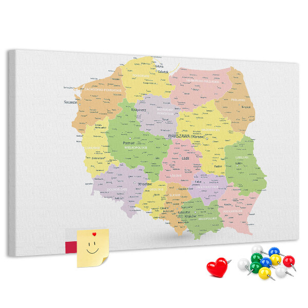 Tableau affichage liège Carte de la Pologne avec sa division administrative.