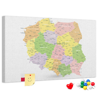 Tableau affichage liège Carte de la Pologne avec sa division administrative.