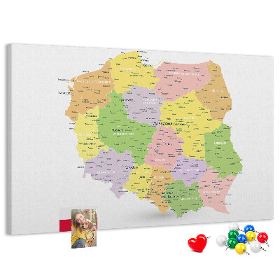 Tableau affichage liège Carte de la Pologne avec sa division administrative.