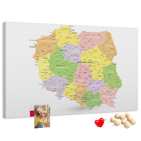 Tableau affichage liège Carte de la Pologne avec sa division administrative.