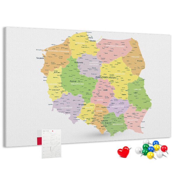 Tableau affichage liège Carte de la Pologne avec sa division administrative.