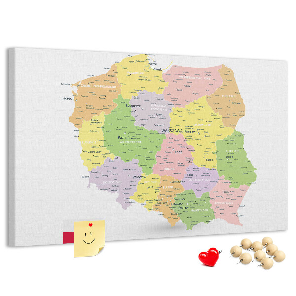 Tableau affichage liège Carte de la Pologne avec sa division administrative.