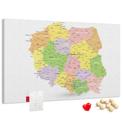 Tableau affichage liège Carte de la Pologne avec sa division administrative.