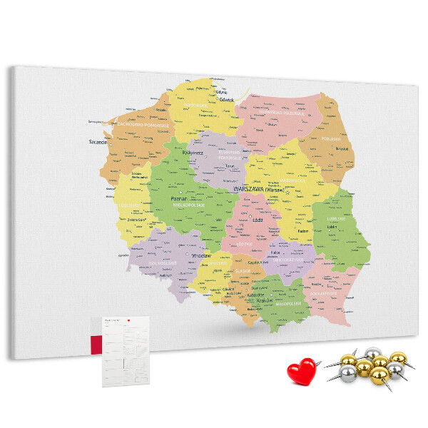 Tableau affichage liège Carte de la Pologne avec sa division administrative.