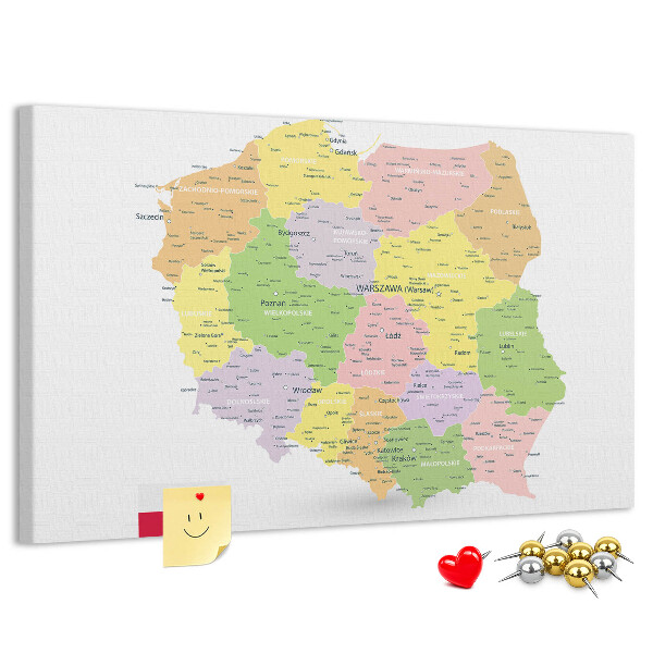 Tableau affichage liège Carte de la Pologne avec sa division administrative.