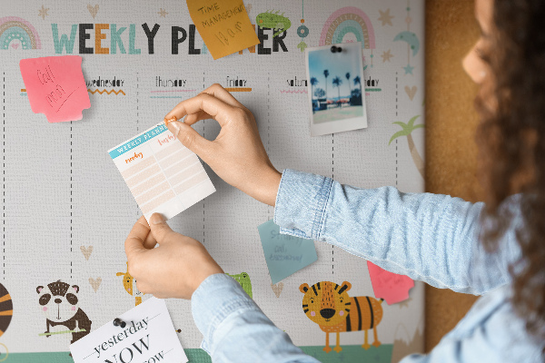 Tableau de liège Agenda hebdomadaire coloré avec des animaux