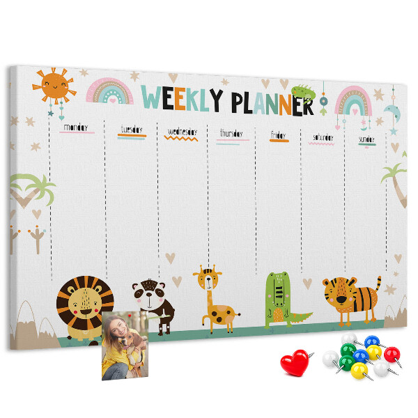 Tableau de liège Agenda hebdomadaire coloré avec des animaux