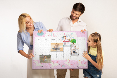Tableau en liège Agenda hebdomadaire licorne et arc-en-ciel