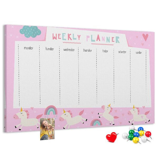 Tableau en liège Agenda hebdomadaire licorne et arc-en-ciel