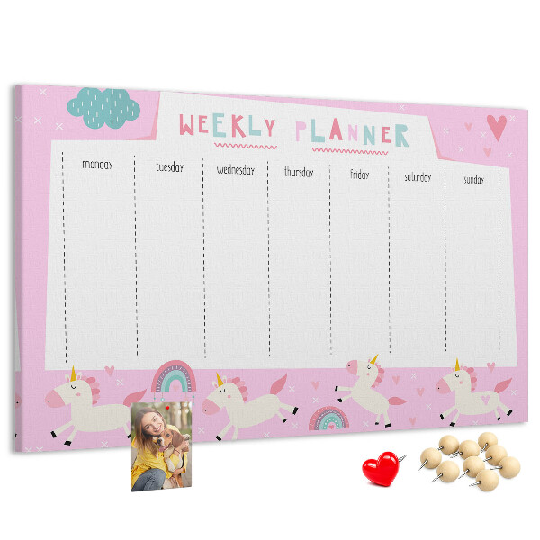Tableau en liège Agenda hebdomadaire licorne et arc-en-ciel