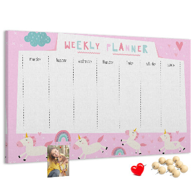 Tableau en liège Agenda hebdomadaire licorne et arc-en-ciel