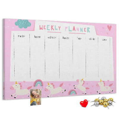 Tableau en liège Agenda hebdomadaire licorne et arc-en-ciel