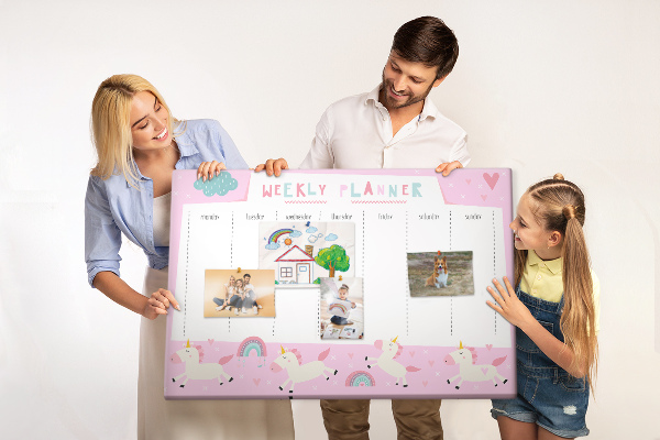 Tableau en liège Agenda hebdomadaire licorne et arc-en-ciel