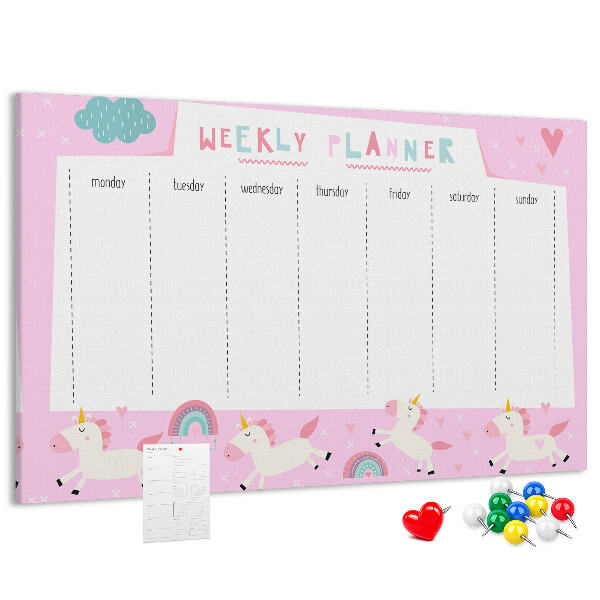 Tableau en liège Agenda hebdomadaire licorne et arc-en-ciel