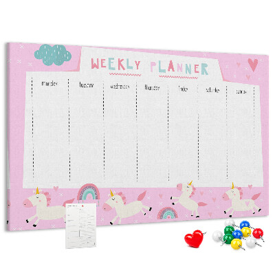 Tableau en liège Agenda hebdomadaire licorne et arc-en-ciel