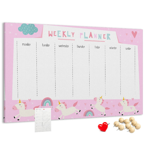 Tableau en liège Agenda hebdomadaire licorne et arc-en-ciel