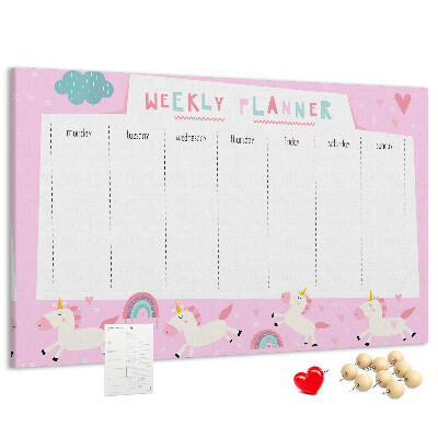 Tableau en liège Agenda hebdomadaire licorne et arc-en-ciel