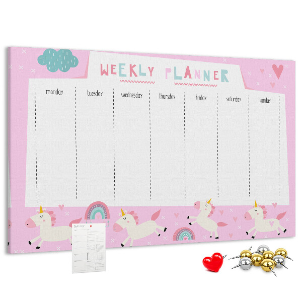 Tableau en liège Agenda hebdomadaire licorne et arc-en-ciel