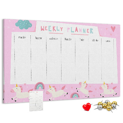 Tableau en liège Agenda hebdomadaire licorne et arc-en-ciel