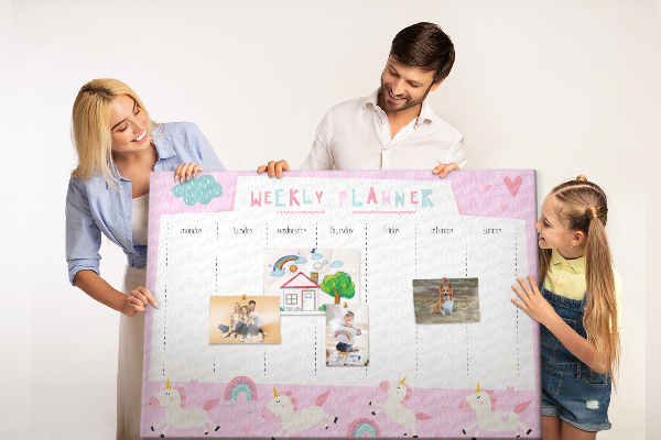 Tableau en liège Agenda hebdomadaire licorne et arc-en-ciel