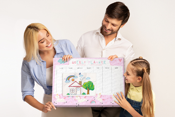 Tableau en liège Agenda hebdomadaire licorne et arc-en-ciel