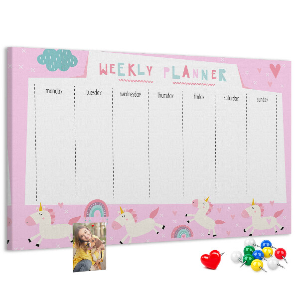 Tableau en liège Agenda hebdomadaire licorne et arc-en-ciel