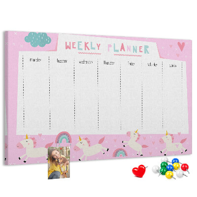 Tableau en liège Agenda hebdomadaire licorne et arc-en-ciel