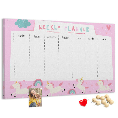 Tableau en liège Agenda hebdomadaire licorne et arc-en-ciel