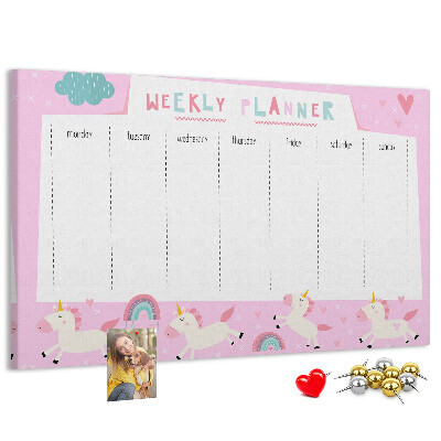 Tableau en liège Agenda hebdomadaire licorne et arc-en-ciel