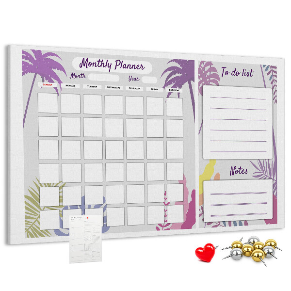 Tableau de liège Calendrier mensuel à motif de plantes tropicales