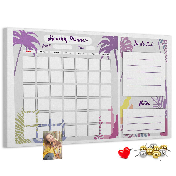 Tableau de liège Calendrier mensuel à motif de plantes tropicales