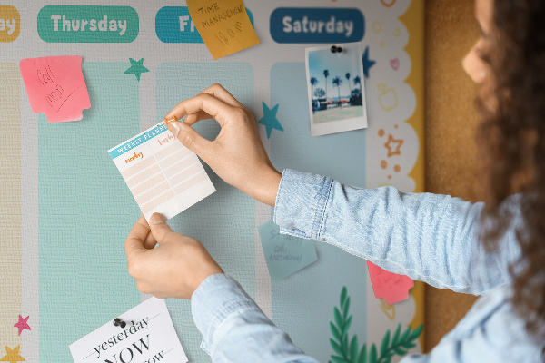 Tableau affichage liège Agenda hebdomadaire coloré sur le thème de l'école