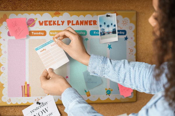 Tableau affichage liège Agenda hebdomadaire coloré sur le thème de l'école