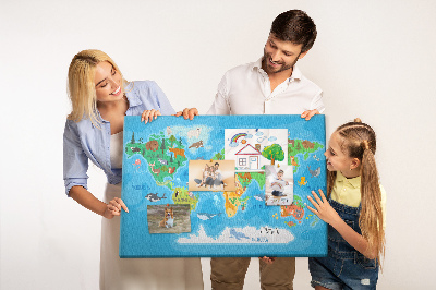 Tableau de liège Carte du monde illustrée d'animaux.