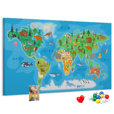 Tableau de liège Carte du monde illustrée d'animaux.