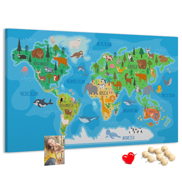 Tableau de liège Carte du monde illustrée d'animaux.
