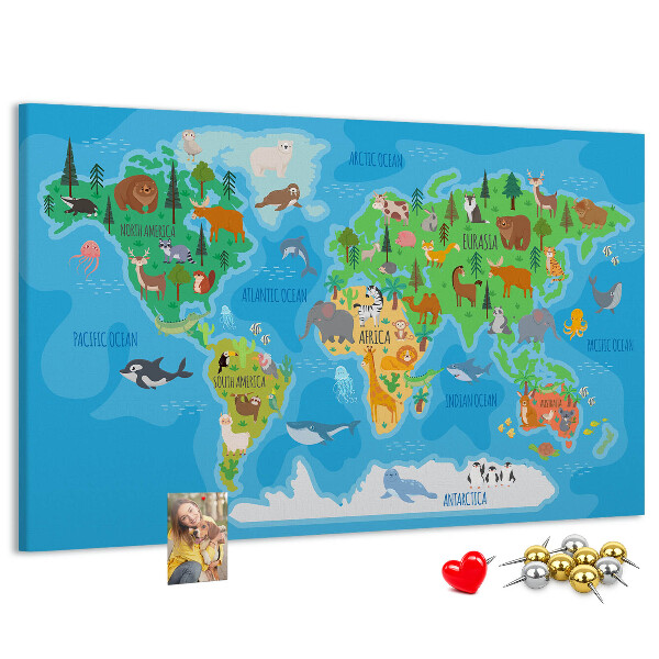 Tableau de liège Carte du monde illustrée d'animaux.
