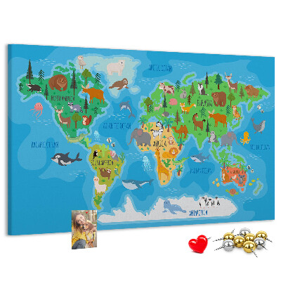 Tableau de liège Carte du monde illustrée d'animaux.