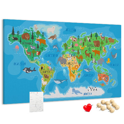 Tableau de liège Carte du monde illustrée d'animaux.