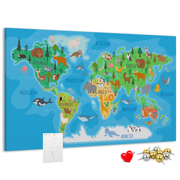 Tableau de liège Carte du monde illustrée d'animaux.