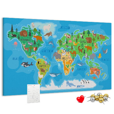 Tableau de liège Carte du monde illustrée d'animaux.
