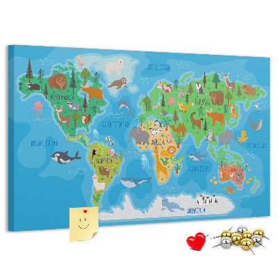 Tableau de liège Carte du monde illustrée d'animaux.