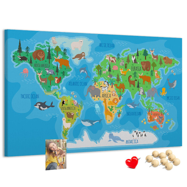 Tableau de liège Carte du monde illustrée d'animaux.