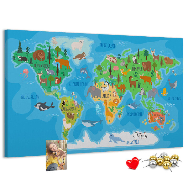 Tableau de liège Carte du monde illustrée d'animaux.
