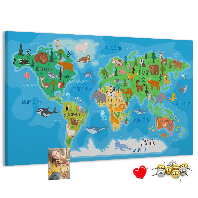 Tableau de liège Carte du monde illustrée d'animaux.