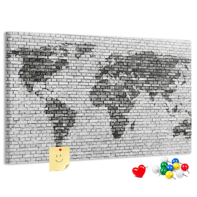 Tableau en liège Carte du monde sur un mur de briques