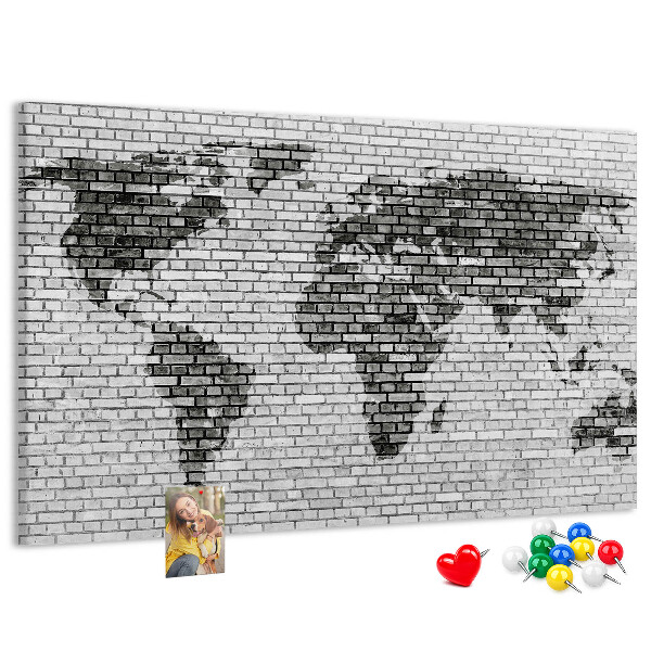 Tableau en liège Carte du monde sur un mur de briques